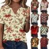 Women's Casual Christmas Holiday Print V-Neck Short Sleeve Button Front T-Shirt Top