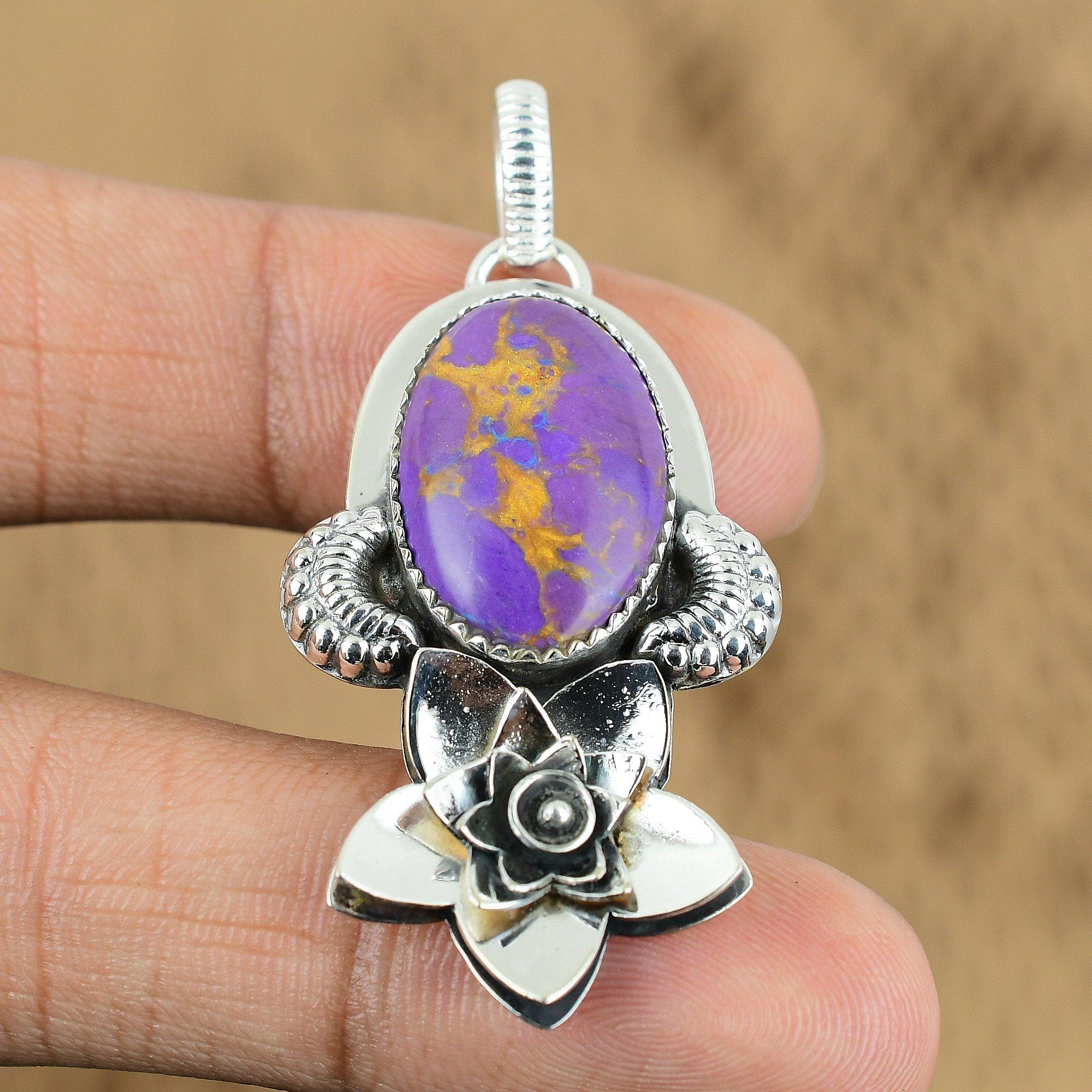 

925 Silver Oval Natural Purple Turquoise Flower December Wife Pendant Jewelry