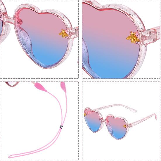 obmwang 2 PCS Kids Heart Shaped Sunglasses Cute Bee Glasses with Strap for Girls Boys Age 3-10 UV400 Protection Outdoor Beach