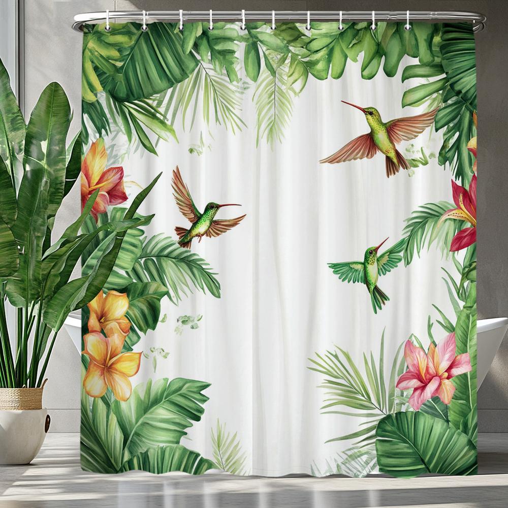 Tropical Green Plants And Flowers Birds Shower Curtain, Bathroom Decorative Shower Curtain, Printing Shower Curtain With Hooks
