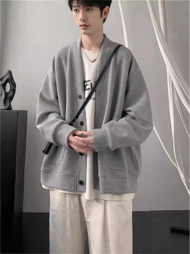 Men's Trendy V-Neck Waffle Knit Cardigan Hoodie - Spring/Autumn Casual Loose Fit Jacket