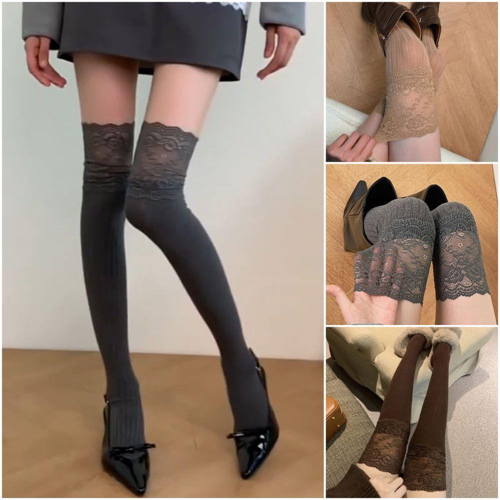 New Cotton Knee-high Socks Keep Warm Solid Color Thigh High Stockings Balletcore Lace Thigh High Socks Autumn Winter