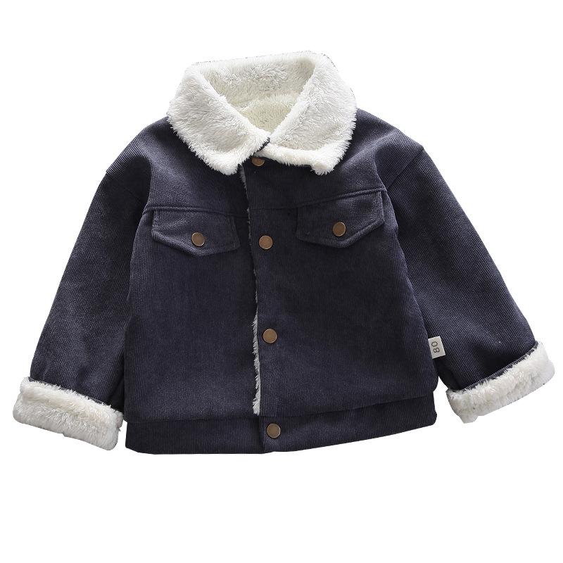 Boys' Fleece-Lined Plaid Cotton Jacket - Korean Style, Single-Breasted, Solid Color