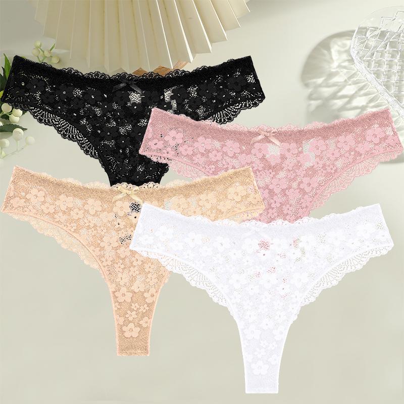 FINETOO 4Pcs Women Lace Floral Underwear Sexy Hollow Out Thongs Breathable Low Waist Panties Girls Invisible Stretchy Lingerie