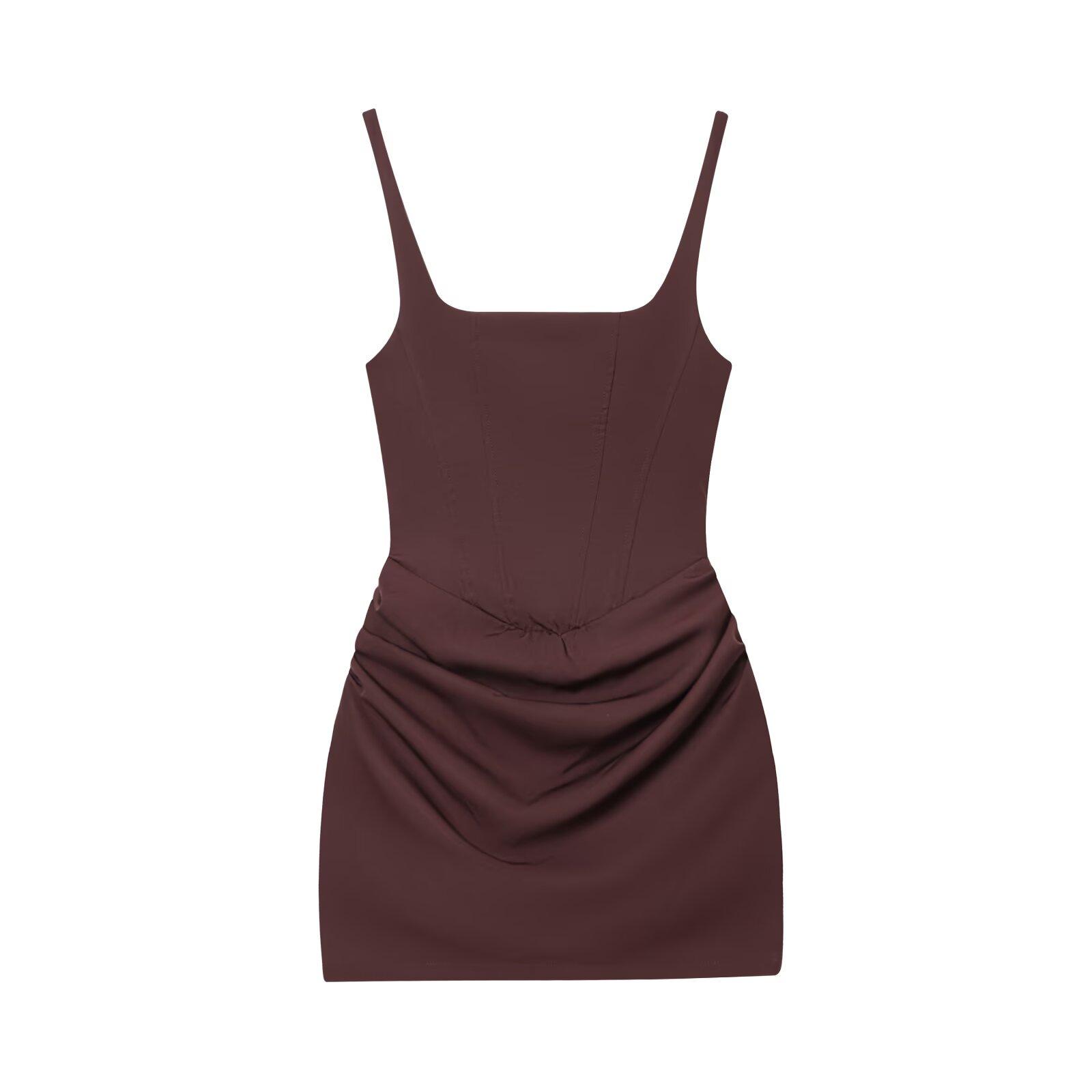 Women s Sleeveless Square Neck Pleated Dress With Pocket, Dark Brown XS