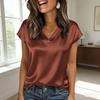 Women Tops Loose Fit Summer Blouse V-Neck Short Sleeve Smooth Satin Soft Stretchy Pullover