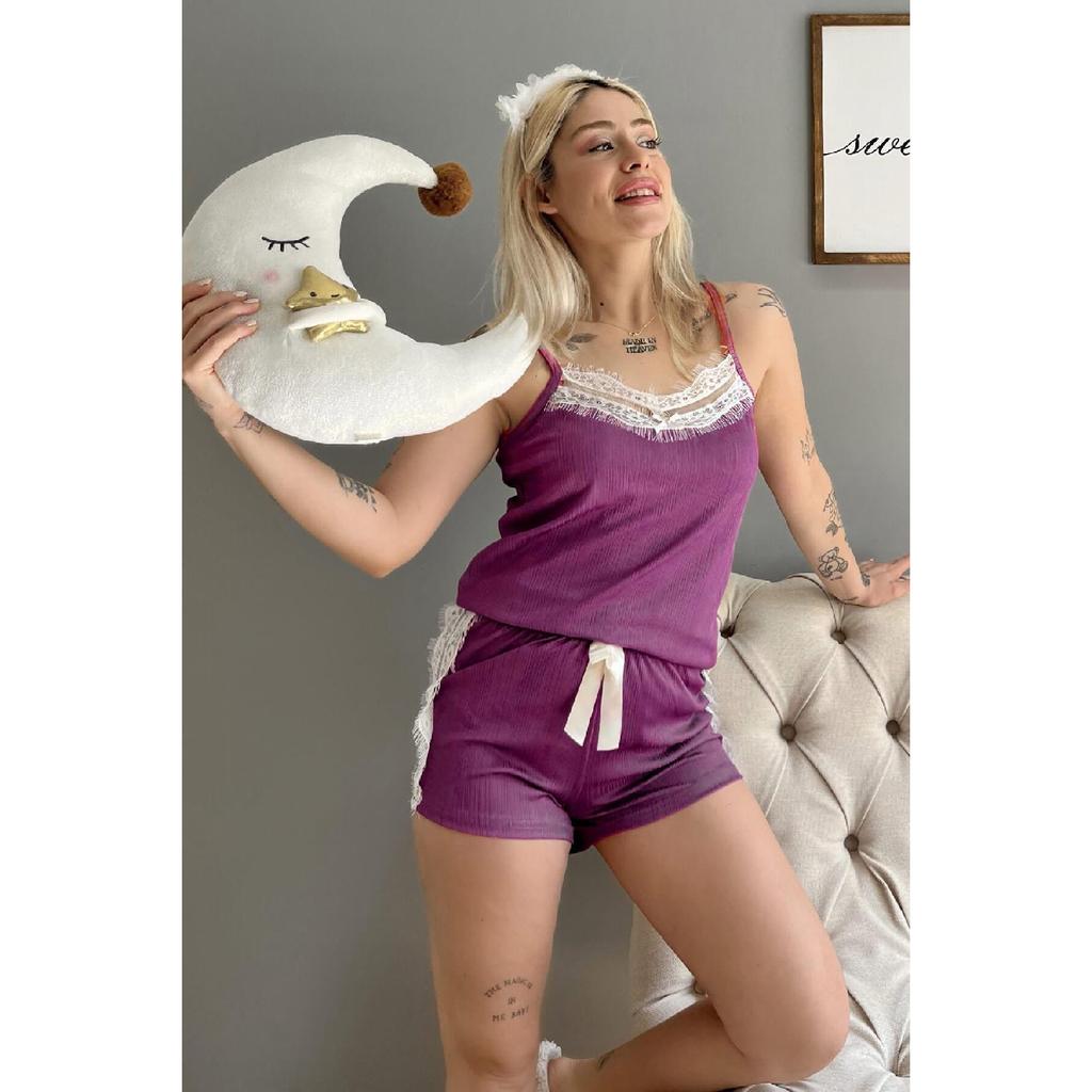 Black Camomile Lace Detailed Rope Suspender Knitted Pajama Set With Shorts