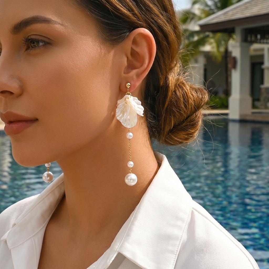 Elegant White Petal Flower Drop Earrings For Women Exquisite Imitation Pearl Long Tassel Hanging Earring Party Wedding Jewelry