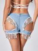 Hoge Taille Denim Shorts met Kwastjes, Pailletten en Scheuren voor Dames