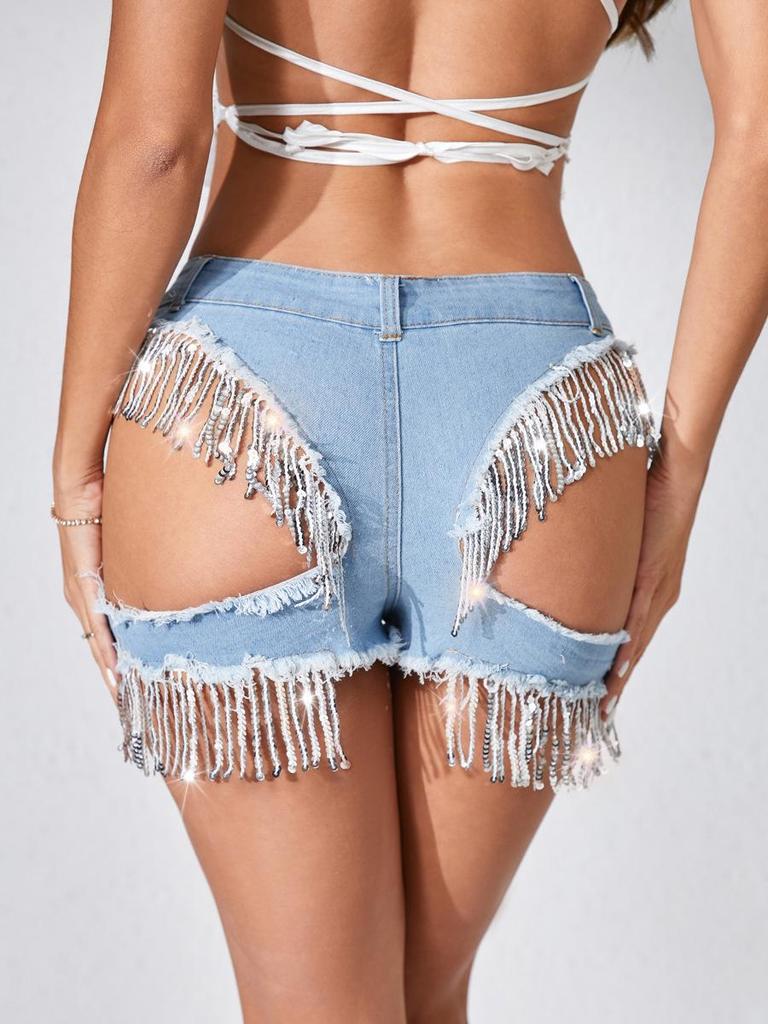 Hoge Taille Denim Shorts met Kwastjes, Pailletten en Scheuren voor Dames
