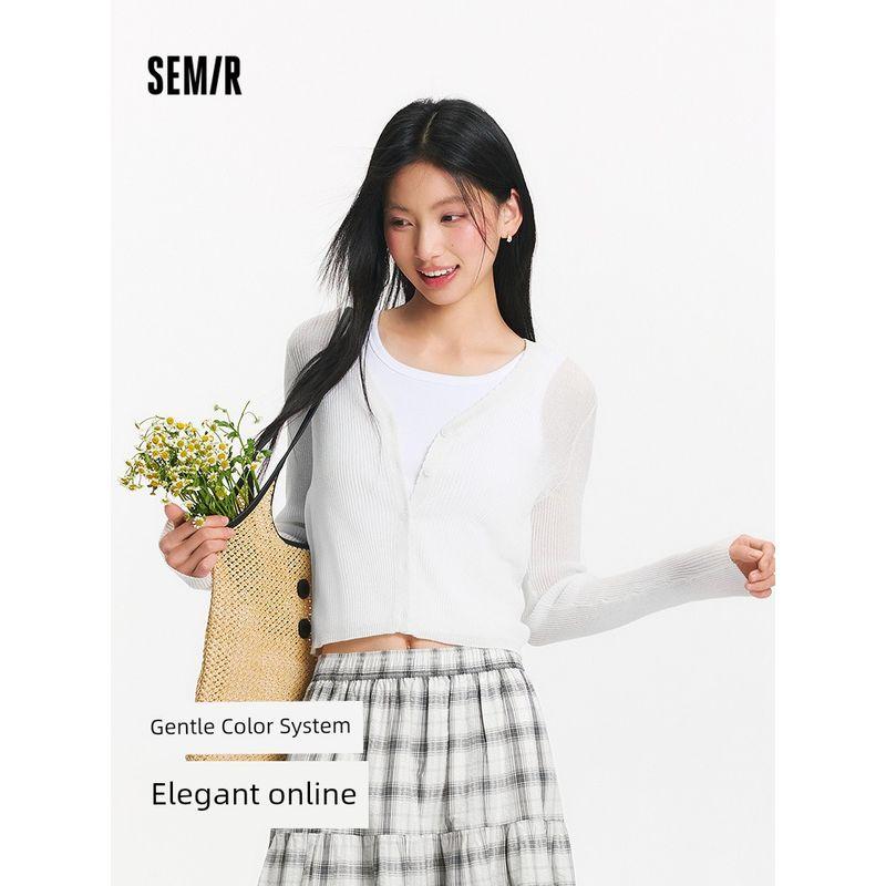 

[Same Style with Mall] Senma Knit cardigan Women Short Slim fit Solid 2025 Summer New Lace V-neck Top Milk White 10501 175/96A/XXL