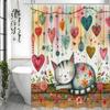 Cute Cartoon Cat Love Flower and Grass Shower Curtain, Bathroom Decorative Shower Curtain, Waterproof Shower Curtain with Hooks