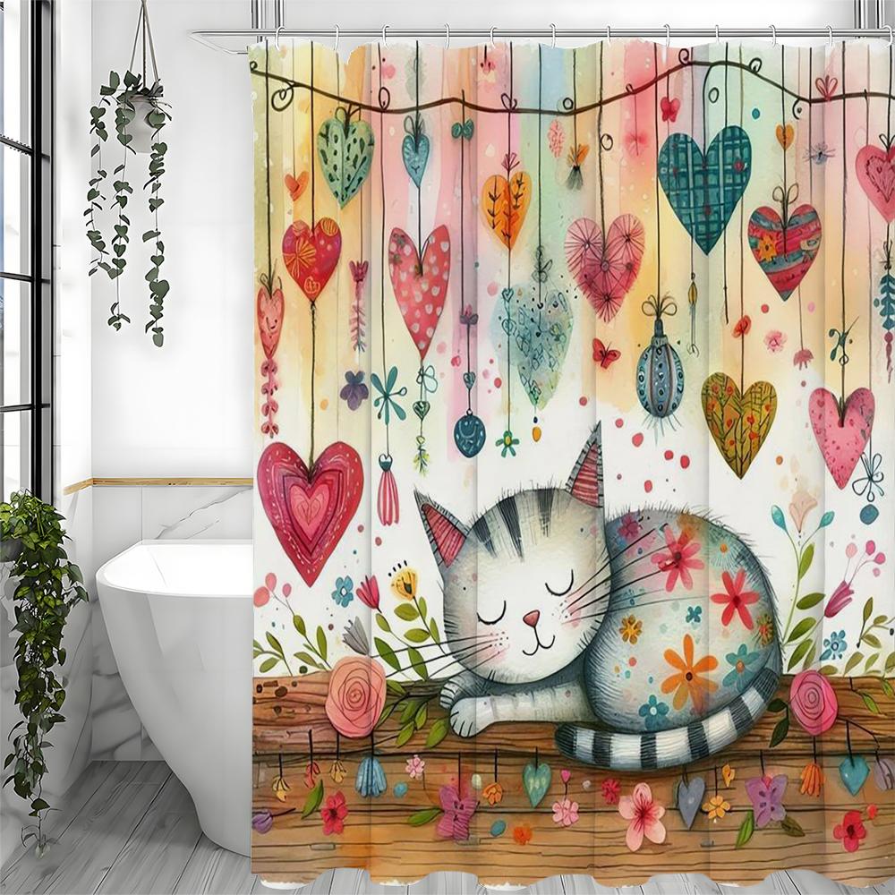 Cute Cartoon Cat Love Flower and Grass Shower Curtain, Bathroom Decorative Shower Curtain, Waterproof Shower Curtain with Hooks