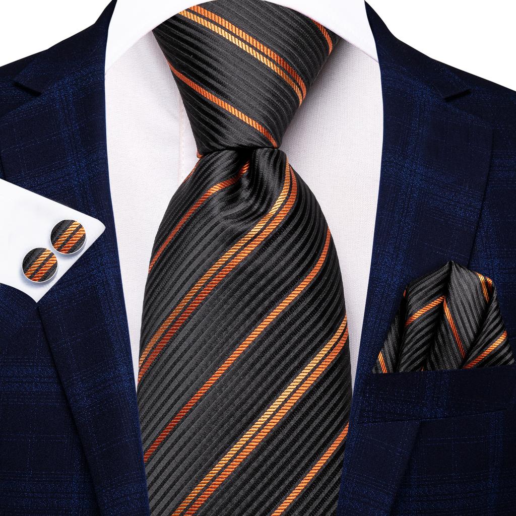 Hi-Tie Navy Blue Striped Silk Wedding Tie For Men Fashion Design Gift Men Necktie Hanky Cufflink Set Business Party Dropshiping