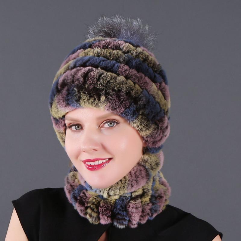 New hat scarf winter thickened thermal hat Rex rabbit fur grass Rex rabbit fur scarf two-piece set