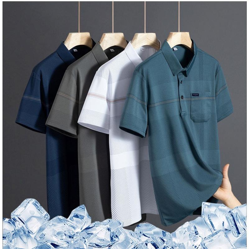 Summer Ice Silk Men Short Sleeve Polo High Quality for Middle Aged Elderly Dad with Pocket Business Casual Turn Down Collar T Shirt
