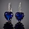 Boucles d'oreilles dormeuses en forme de cœur avec strass bleu saphir plaqué or blanc 18 carats pour femmes