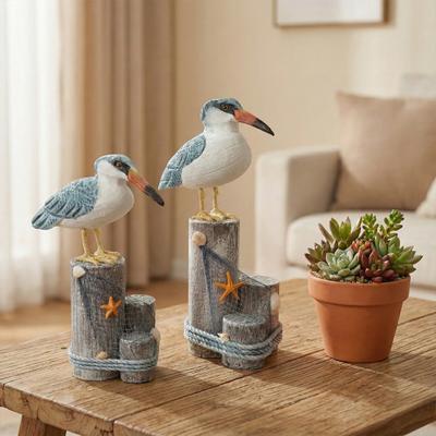 Wooden Seabird Ornaments Ocean Theme Decorative Figurine with Starfish And Hemp Rope Decor Desktop Accent for Home