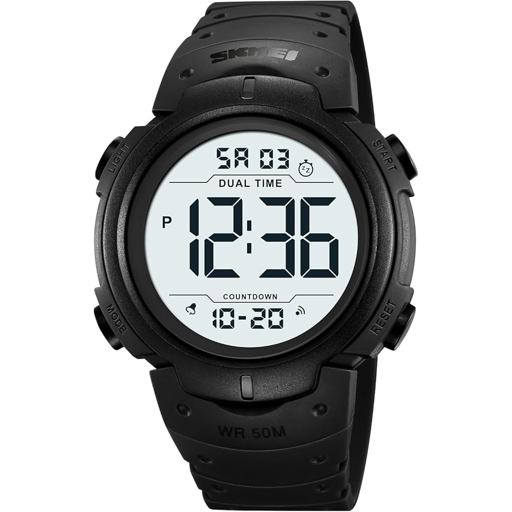 Datirzyx Digital Sports Watch Men s Waterproof Stopwatch Timer Alarm Dual Time Black and White