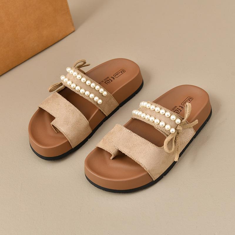 One-and-a-half slippers women's summer wear new pearl one-pedal shoes flat sandals lazy sandals