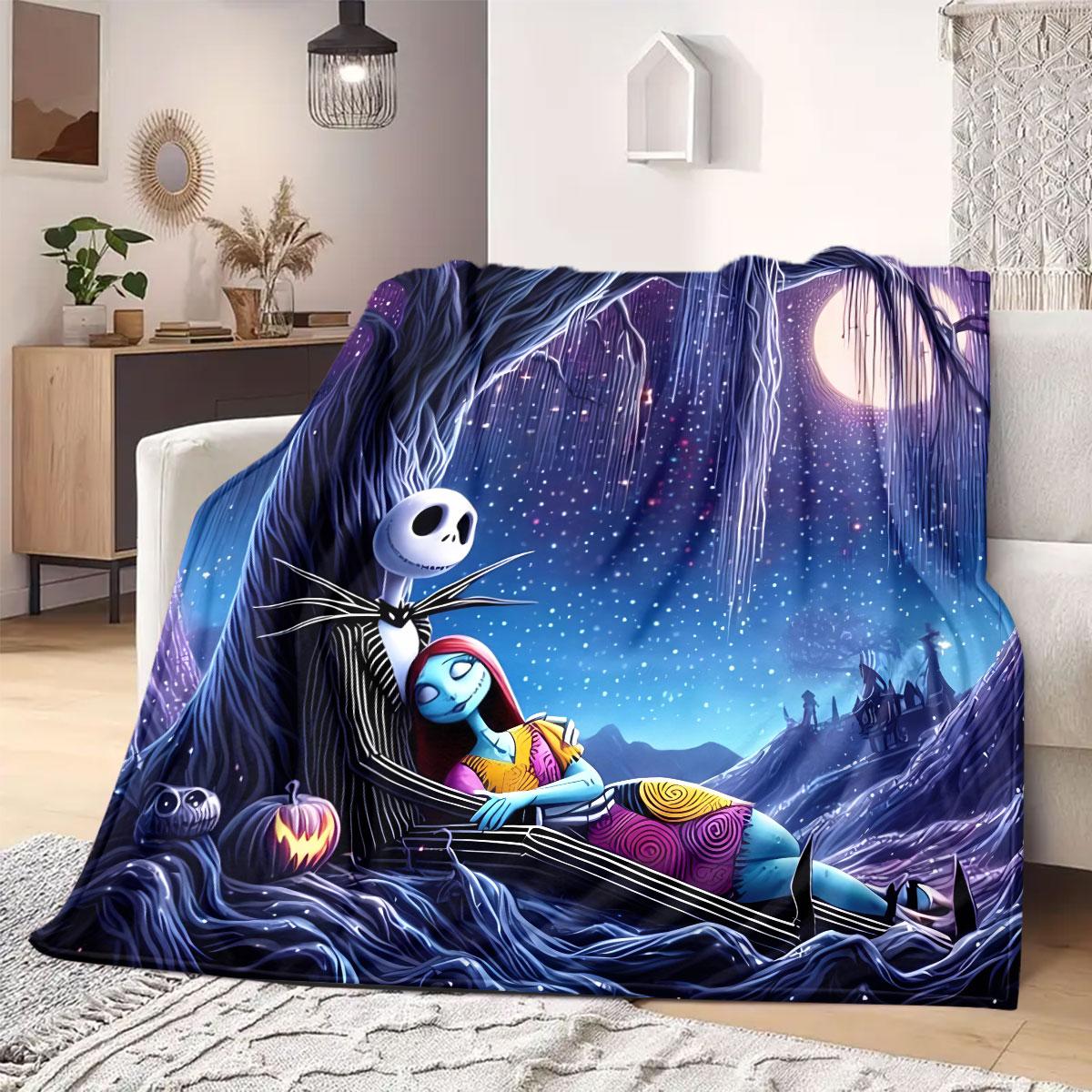 Jack Sally Cartoon Print Flannel Blanket for Travel Picnics Bedrooms Sofas Beds Chairs Home Decor Style 75x90cm