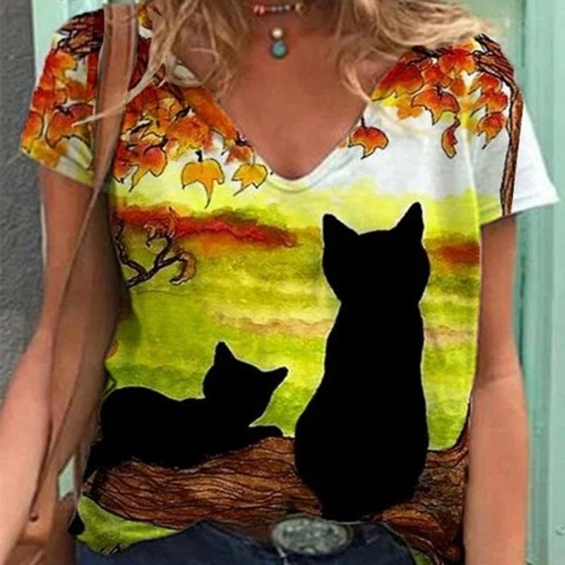 Fashion Spring  Bird Print Blouses Short Sleeved V-Neck T Shirts Casual