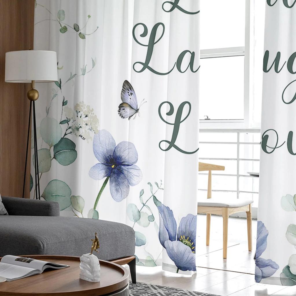 Ins Style Eucalyptus Tulip Flowers Leaves Sheer Curtains For Living Room Bedroom Tulle Curtain For Kitchen Voile Blind Curtain