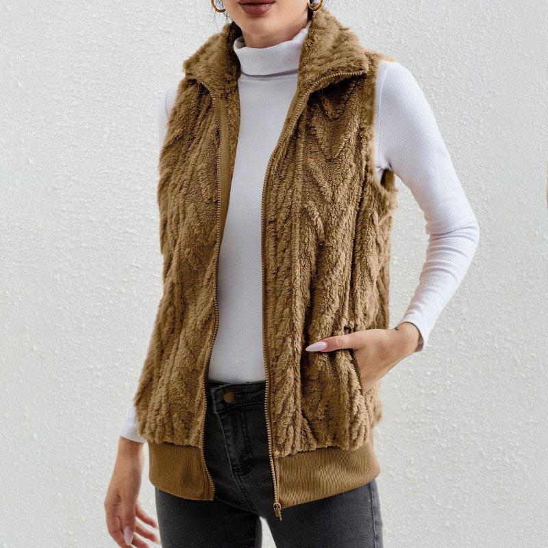 Women autumn solid Plush Cardigan Vest Casual Zipper Lapel Pocket Solid Color Warm Vest
