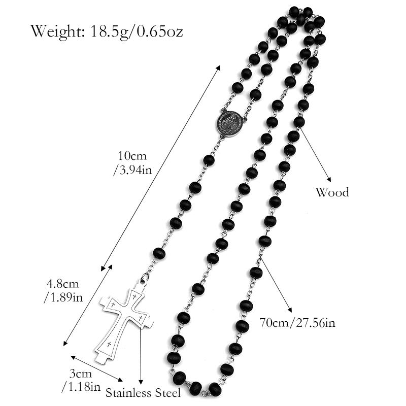 Christian Jesus Cross Stainless Steel Silver Color Statement Necklace for Women Men Long Prayer Beads Chain Jewelry Gift