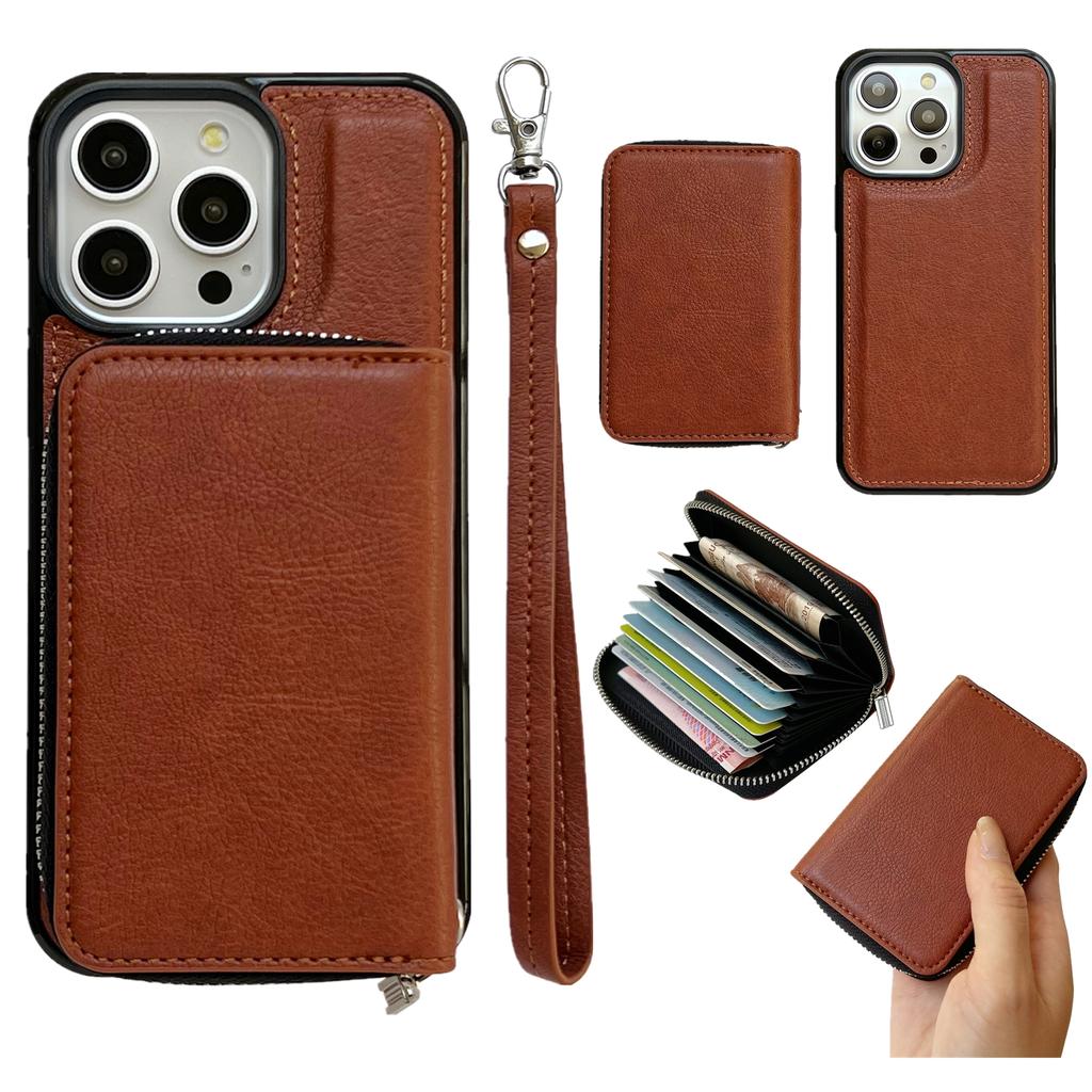 For iPhone 16 Pro Max Case Detachable Zipper Card Bag PU+TPU Kickstand Phone Case with Strap