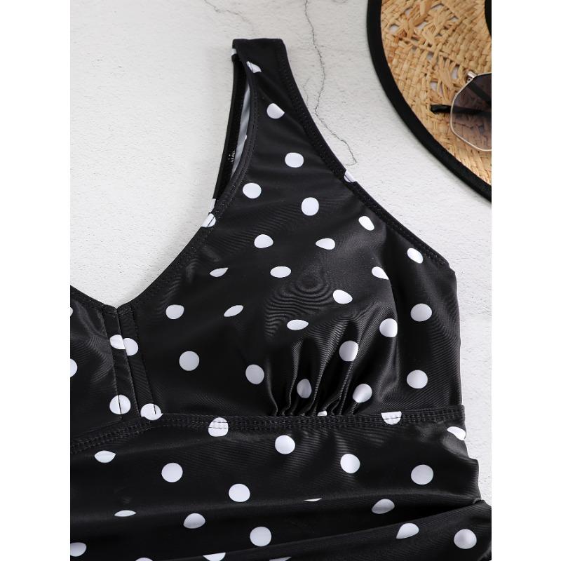 Black Polka Dot Swimdress One Piece Swimsuit Tummy Control Skirted Bathing Suit