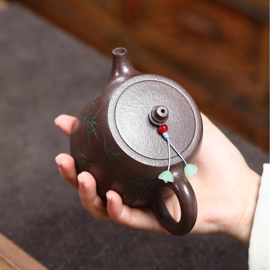 Handmade Yixing Zisha Teapot - Purple Jade Gold Sand Bamboo Shadow, Single Person Tea Set