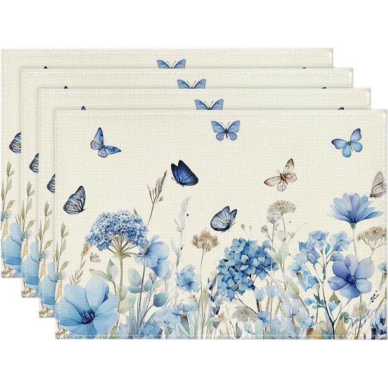 4Pcs, Hydrangea Wildflower Placemats, Washable, Suitable for Holiday Parties, Home Decor, Kitchen Tables, Rectangular Dining Rooms