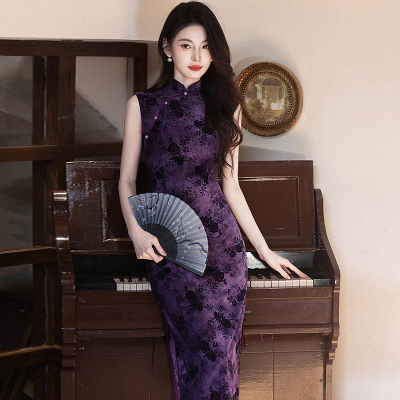 Purple sleeveless national style new Chinese long cheongsam improved young 1011 new women's high sense daily summer