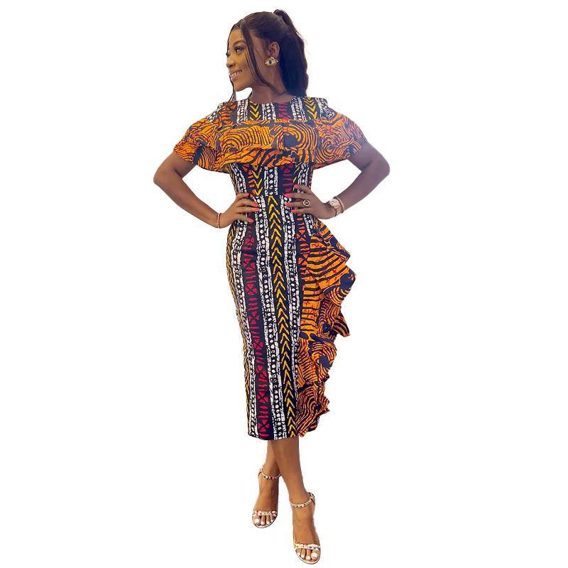 

Plus-Size Women s Dress, African Elegant Print, Ruffled Edge, Color-Blocking, Slim-Fit, Back Slit, European and American Style Color S