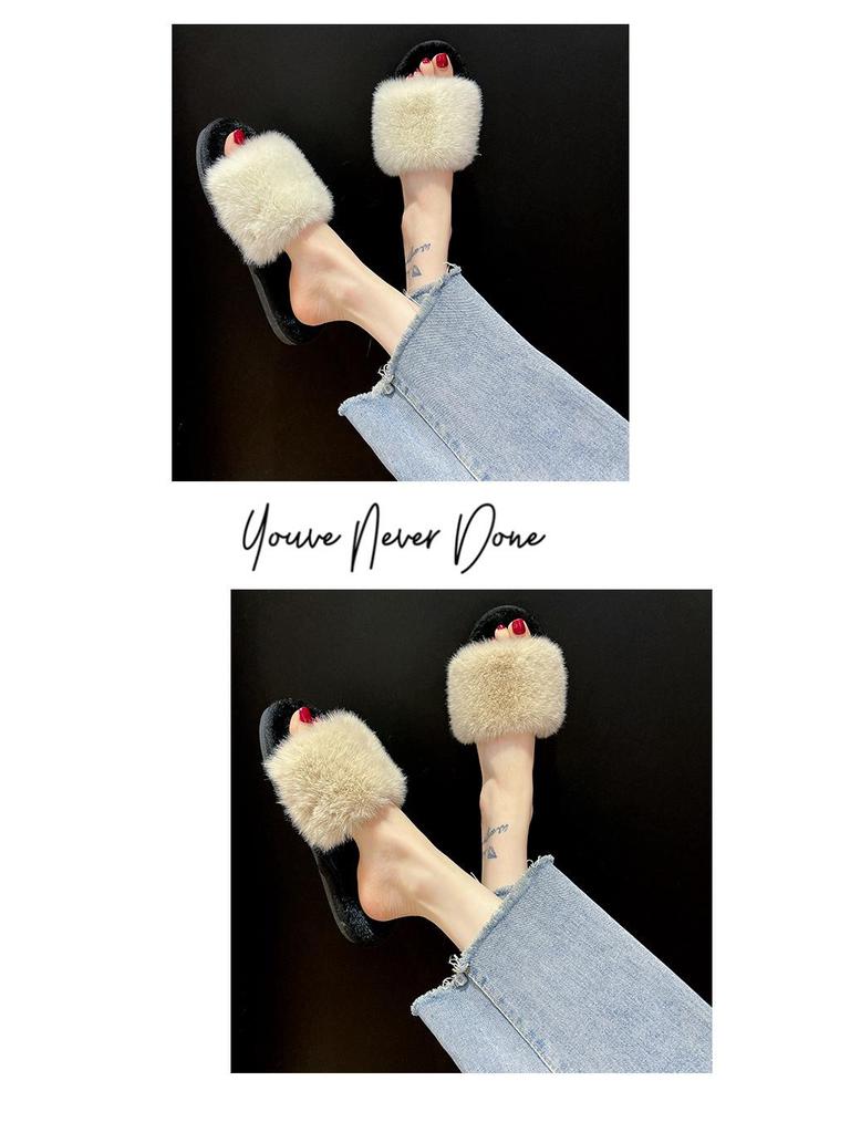 Dames Pluizige Konijnenbont Open Teen Pantoffels - Effen Kleur, Casual Huisstijl
