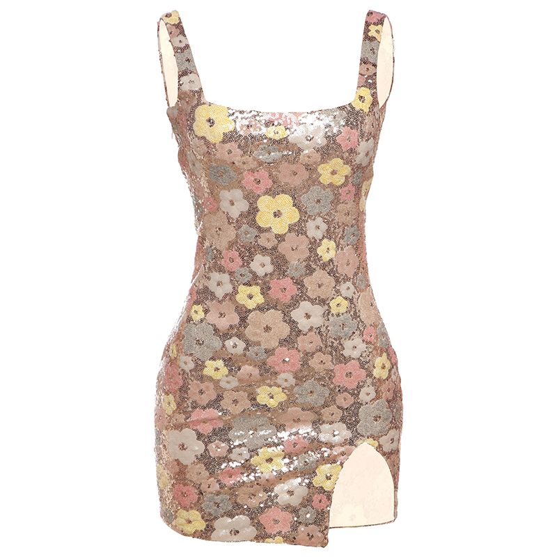 

# Sisjuly# Asian Girl ABG Sunshine Rainbow Little Flowers Split Suspender Skirt Women s Bag Hip Dress Tide Apricot color S