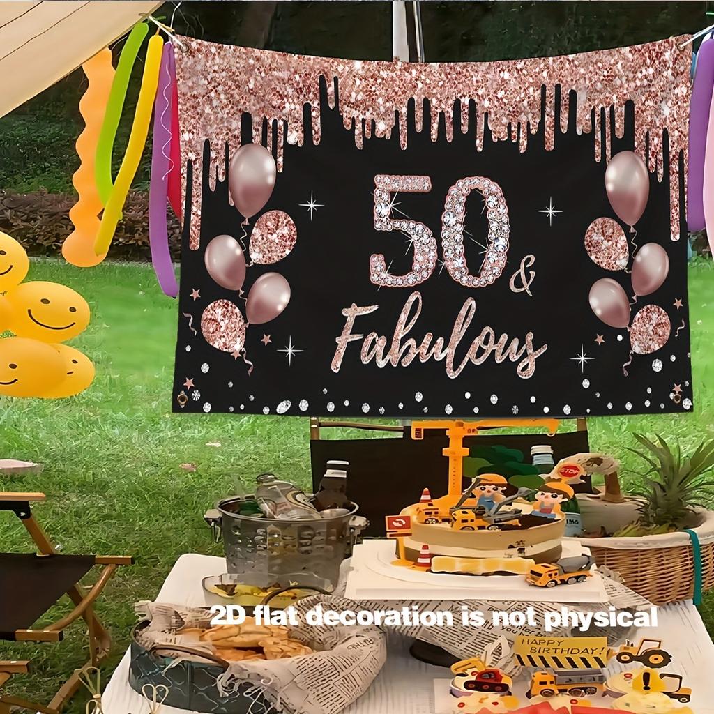50th Birthday Party Banner - Pink Glitter Design, "50 & Fabulous" Text, Balloons and Star Design, Polyester