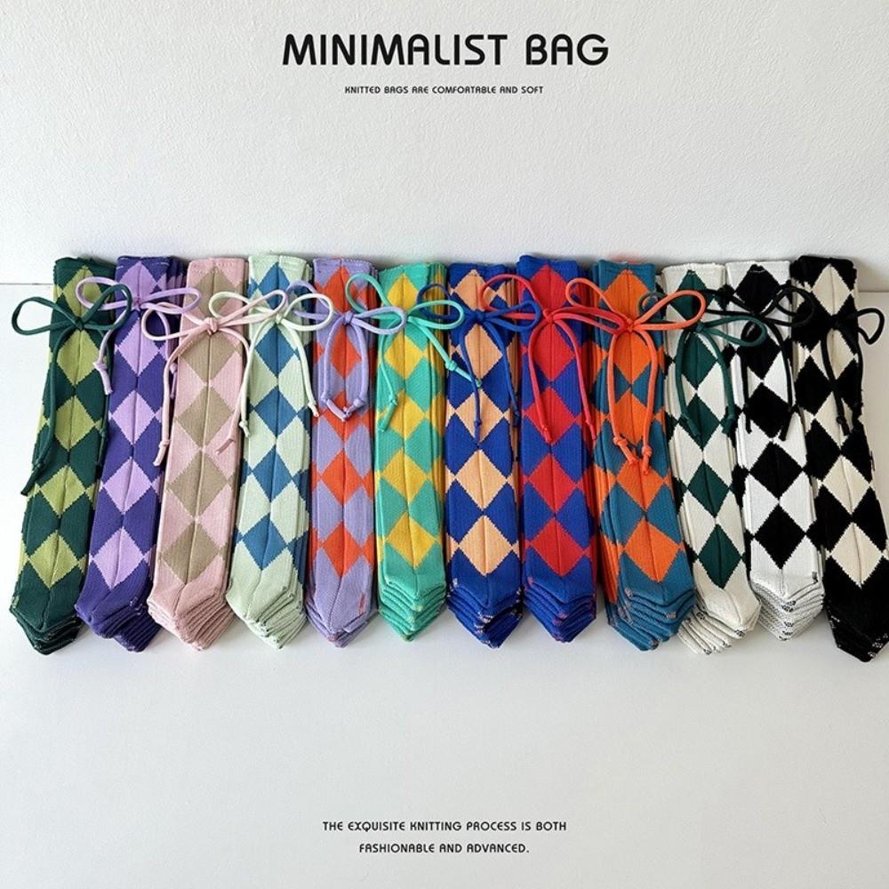 Accordion Style Knitted Shoulder Bag Rope Drawstring Diamond Grid Foldable Handbag Heart Lantern Weave Reusable Eco