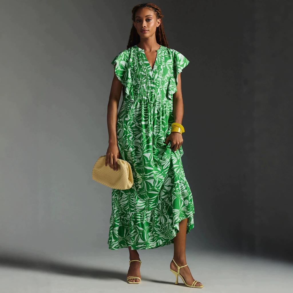 European and American Style Flower Printing V-neck Flying Sleeve Dress Women's Pleated Waist Loose and Thin Holiday Style Big Swing Dress