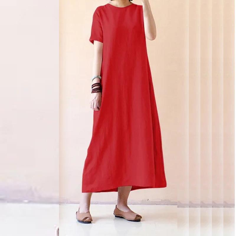 

Летние повседневные платья с короткими рукавами для женщин, однотонное платье с круглым вырезом, платье с высокой талией, базовая одежда, женское модное макси-платье 5XL красный