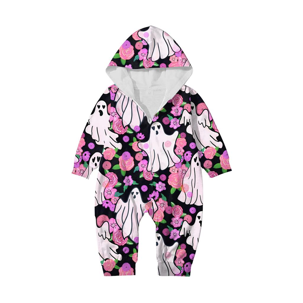 Halloween Printed Family Matching Hooded Long Sleeved Zippered Hooded Jumpsuit Set