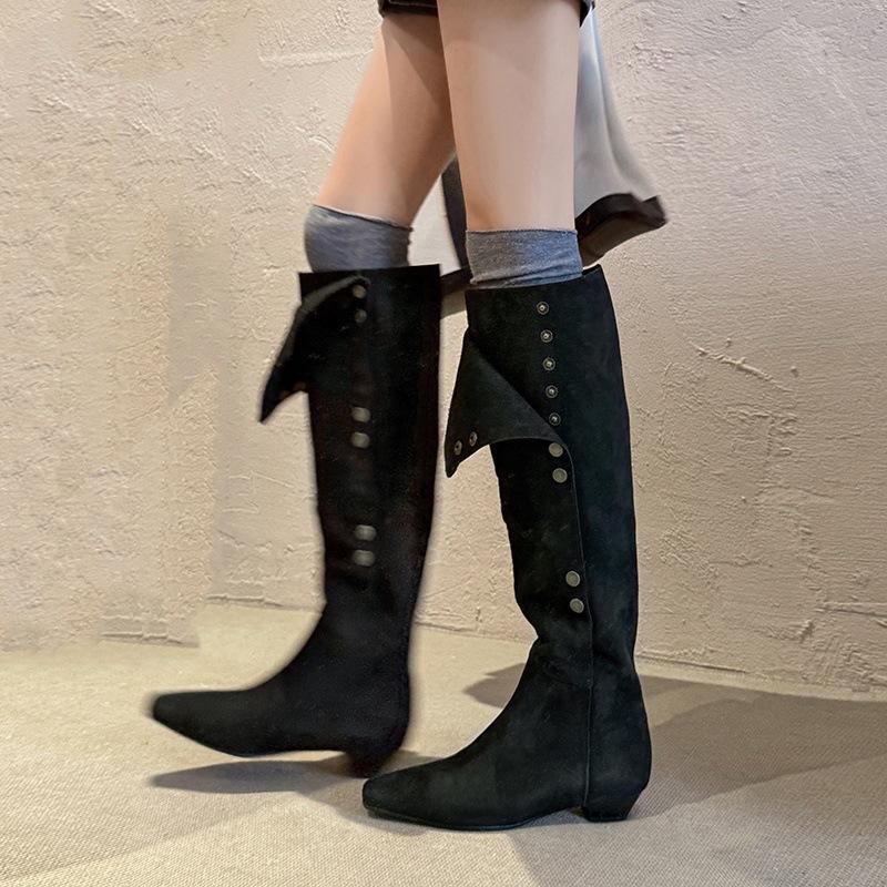 European goods popular fashion tall stacking boots women's 2025 autumn new square head low heel but knee casual western boots