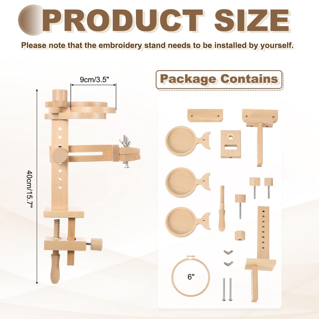 Embroidery Hoop Stand Adjustable Beech Wood Cross Stitch Stand Holder with Built-in Storage Tray with 6/8" Embroidery Hoop