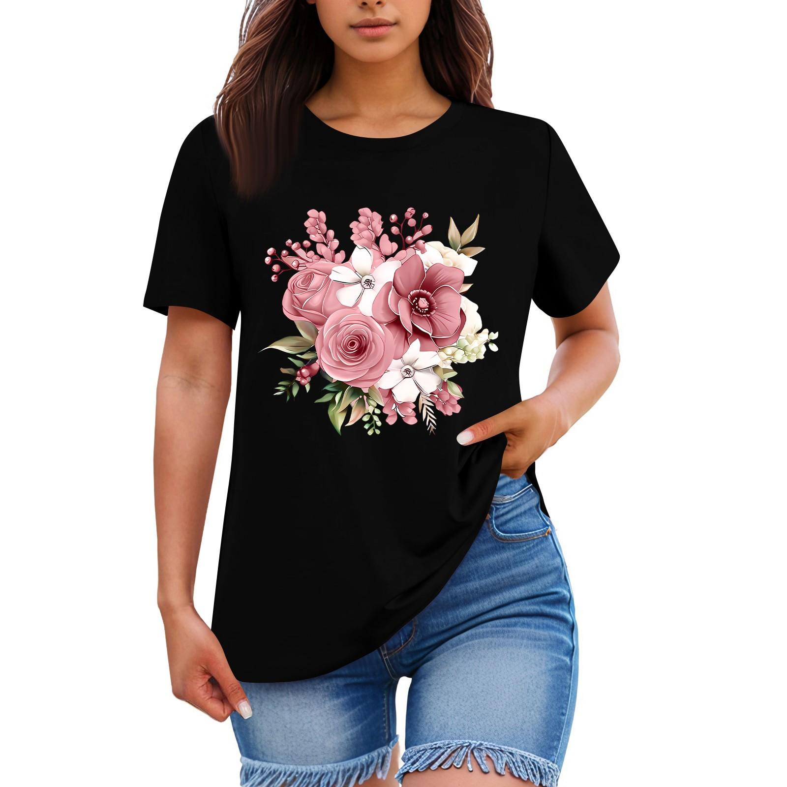 

Женская свободная удобная повседневная модная футболка с принтом растений и цветов, круглым вырезом и короткими рукавами XXL чёрный