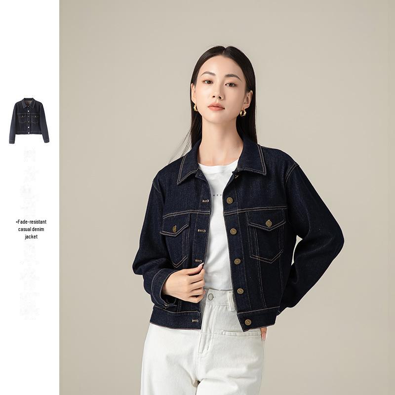 Xinge 2024 Dámská tmavě modrá krátká džínová bunda - Nový podzimní styl, všestranná a šitá na míru pro malé velikosti