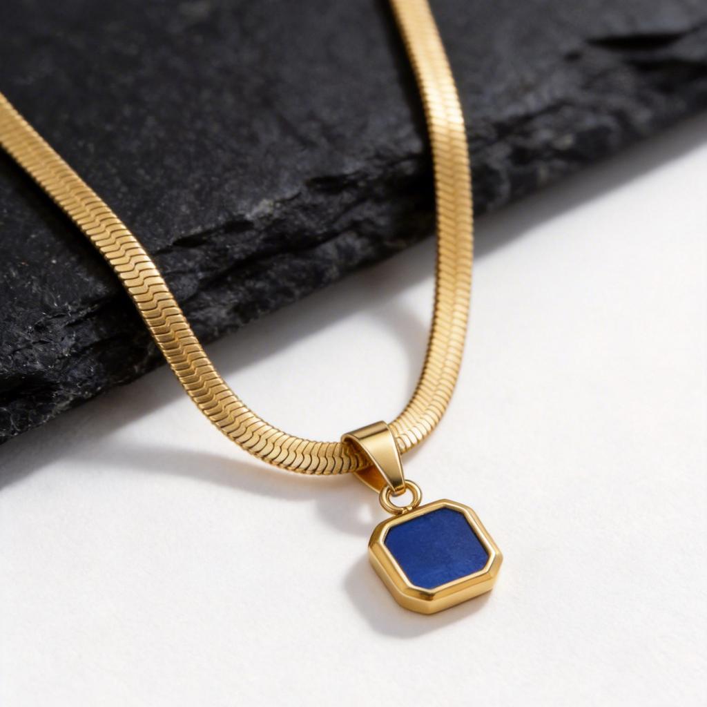 Geometric Square Natural Stone Pendant Necklace for Men, Gold Silver Color Stainless Steel Blade Chain, Trendy Jewelry Gift