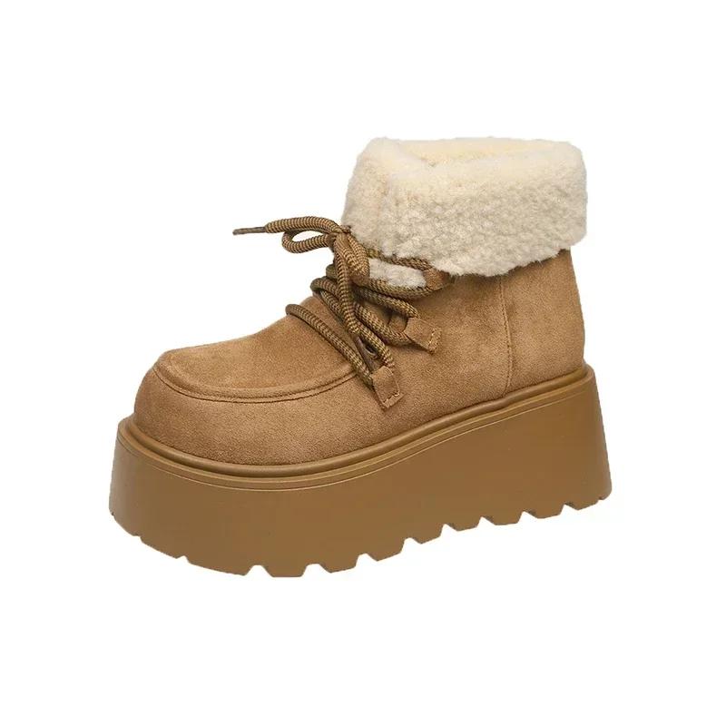 Zimní Nejnovější Šněrovací Nadýžené Sněhule Kulatá Špička Pravá Kůže Ploché Dámské Teplé Kotníkové Boty Silná Podrážka Módní Vlna Sníh