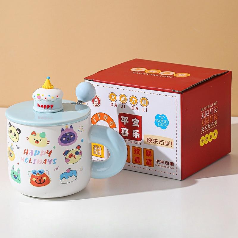 Mug Ceramic Water Cup with Lid Cute Creative Goodies Children Birthday Gift Cake Girl Cartoon
