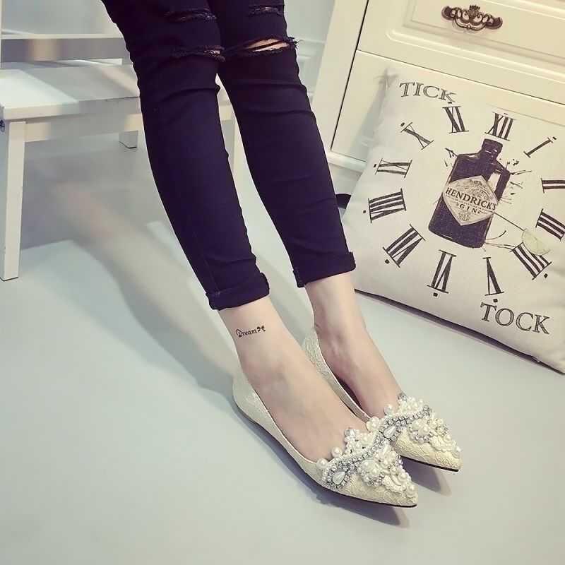 Fashion beaded pearl rhinestone flat heel autumn large size women's shoes pointed head shallow mouth flat sole single shoe